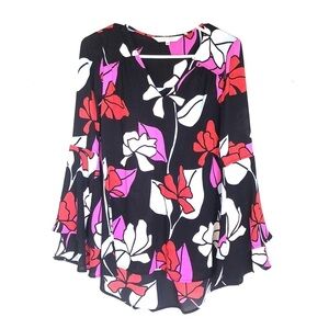 2/$30 Crosby - Black Floral Tunic Top XS | Pink White Bell Sleeve Blouse